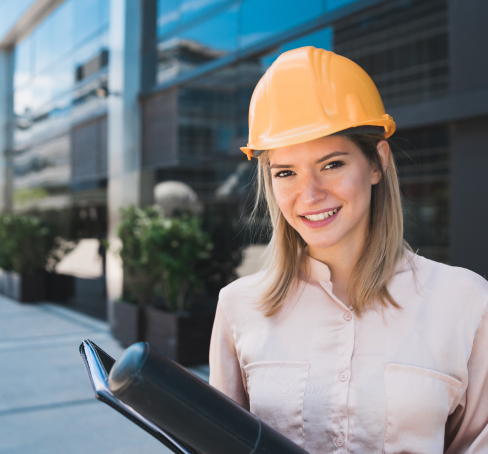 portrait professional architect woman wearing yellow helmet standing outdoors engineer architect concept